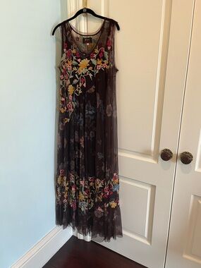 Johnny Was Biya Black Embroidered Mesh Floral Maxi Dress
